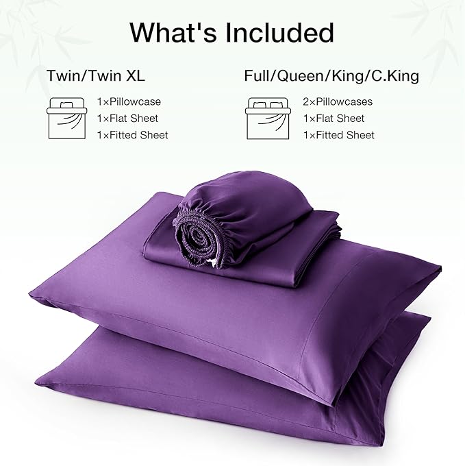 Love's cabin 4 Piece King Size Sheet Set, 100% Rayon Derived from Bamboo, Cooling & Breathable, Soft Silky Deep Pocket up to 16", Hotel Luxury Bedding for Hot Sleepers, Purple