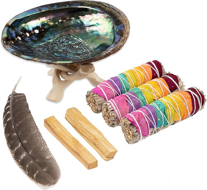 Wish Well Sage Smudge Kit - 3 Chakra Sage Sticks, 2 Palo Santo Sticks, 5-6" Abalone Shell, Stand, Feather - Cleansing House, Meditation, Energy Healing & Reiki, Perfect Starter Kit with Instructions