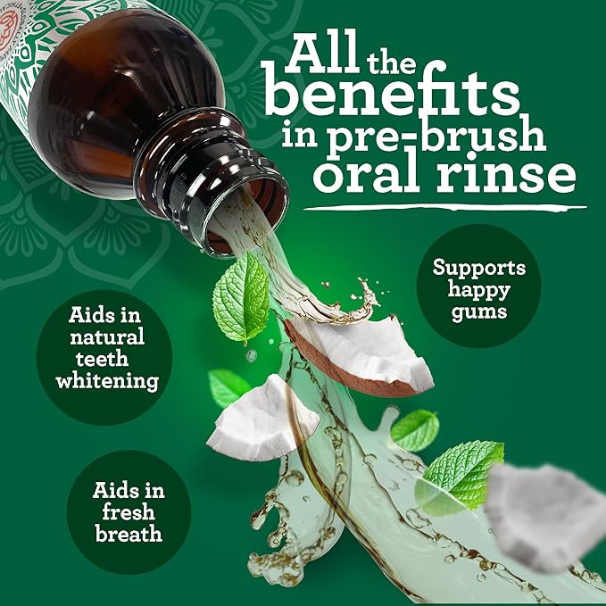 GuruNanda Starter Pulling Oil Mouthwash for Natural Teeth Whitening, Coconut and Peppermint Oil for Fresh Breath & Happy Gums, with Tongue Scraper, Alcohol-Free, 2X8 Oz (Pack of 2)