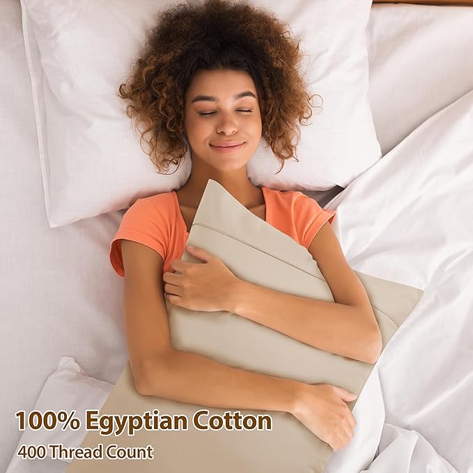 100% Egyptian Cotton Pillow Cases Set of 2,King Size 400 Thread Count Cooling Pillowcases,Soft and Breathable Pillow Covers with Envelope Closure,20x36 Inches, Beige
