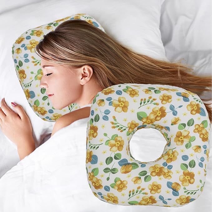 Ear Piercing Pillow for Side Sleepers, Pillow with an Ear Hole for CNH and Ear Pain Ear Inflammation Pressure Sores, O-Shaped Side Sleeping Pillow, Ear Guard Pillow (Yellow Flowers)
