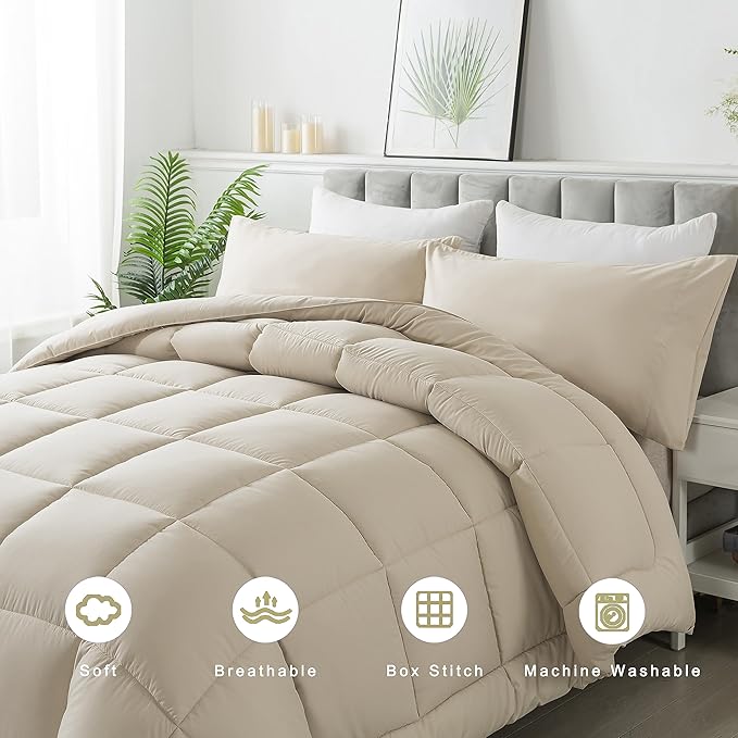 DOWNCOOL Queen Comforter Set -All Season Bedding Comforters Sets with 2 Pillow Cases-3 Pieces Bedding Sets Queen -Down Alternative Beige Queen Size Comforter Sets(88"x92")