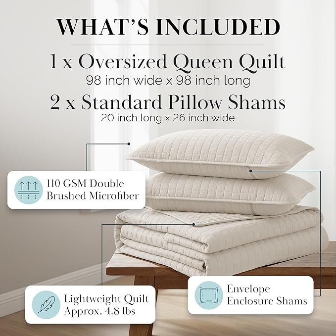 Southshore Fine Living, Inc. Full/Queen Quilt Bedding Set, Microfiber Quilts Queen Size, Coverlet, Stain & Pet Hair Resistant Bedding, Full Size Bedspread with 2 Pillow Shams, Natural Beige