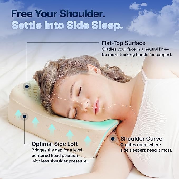 Cervical Pillow, Side Sleeper Pillow with 5" Loft & Shoulder Curve - 100% Natural Latex, Dual-Zone Adjustable Neck & Head Support, Flat-Top & Bottom-Up Design for Side, Back & Combo Sleepers