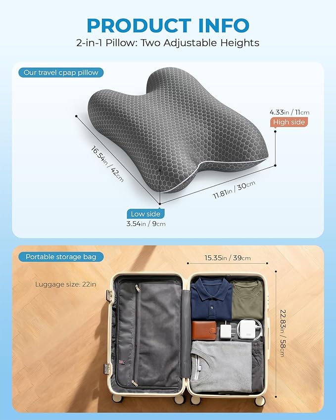 Elviros CPAP Pillow for Side & Back Sleepers, HSA/FSA Portable Travel Sleep Apnea Pillow with Adjustable Height, Reduce Mask Leaks & Pressure,for Camping, Hotels