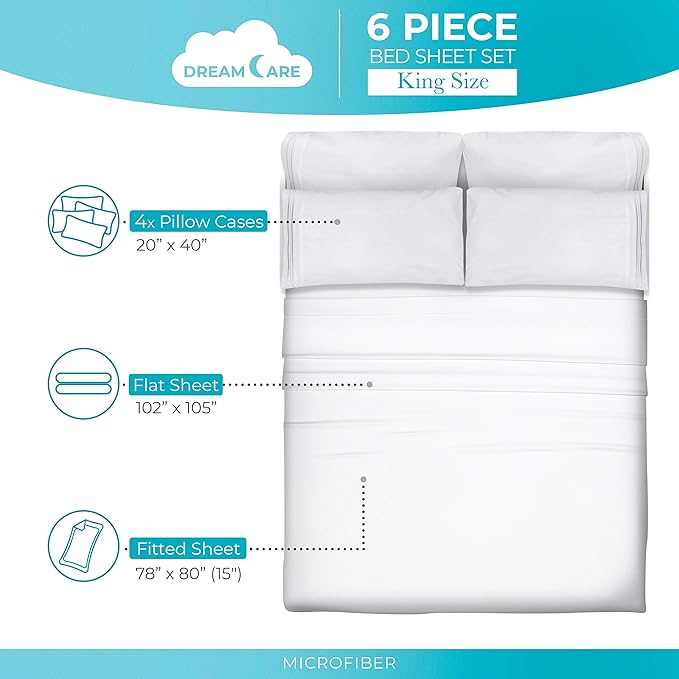 DREAMCARE King Size Sheets Set - 6 pcs Breathable Cooling Bed Sheets - up to 15" Deep Pocket King Sheet Set with Side Pockets - Extra Soft 100% Brushed Hypoallergenic Hotel Luxury Bedding - White
