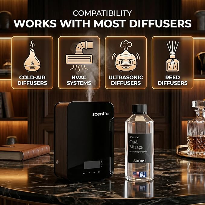 Scentia Oud Mirage Fragrance Oil Refill for Diffusers – Luxury Spicy Woody Home Scent with Cardamom, Sandalwood, Patchouli & Tonka – Cold Air & HVAC Diffuser Oil for Large Spaces – 500 ml (16.9 fl oz)