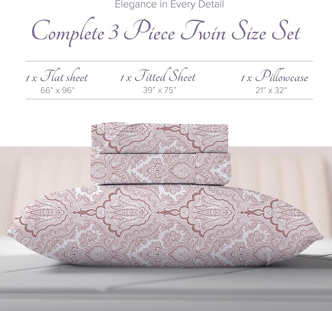Carressa Linen 100% Egyptian Cotton Printed Bed Sheets - 600 Series 3 PC Twin XL Sheet Set, Hotel Luxury Sateen Bedsheets, 16" Deep Pocket Cooling Sheets for Twin XL Size Bed - Paisley
