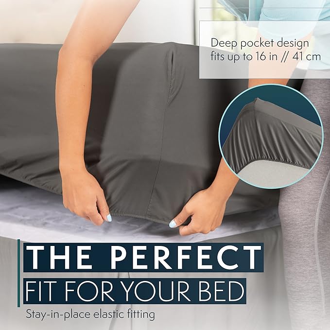 HC COLLECTION Bed Sheets Set King with 2 Pillowcases, Hotel Luxury Platinum 1800 Series Brushed Microfiber Sheet w/Deep Pocket, Ultra Soft Lightweight 4 Pcs Linen Bedding for Hot Sleepers, Gray
