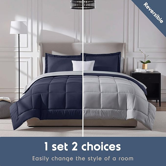 Nestl 9 Piece Full Comforter Set – Navy Reversible Bed in a Bag – Complete Full Size Bedding Set with Sheets, Set of 2 Down Alternative Pillows, Pillowcases and Shams