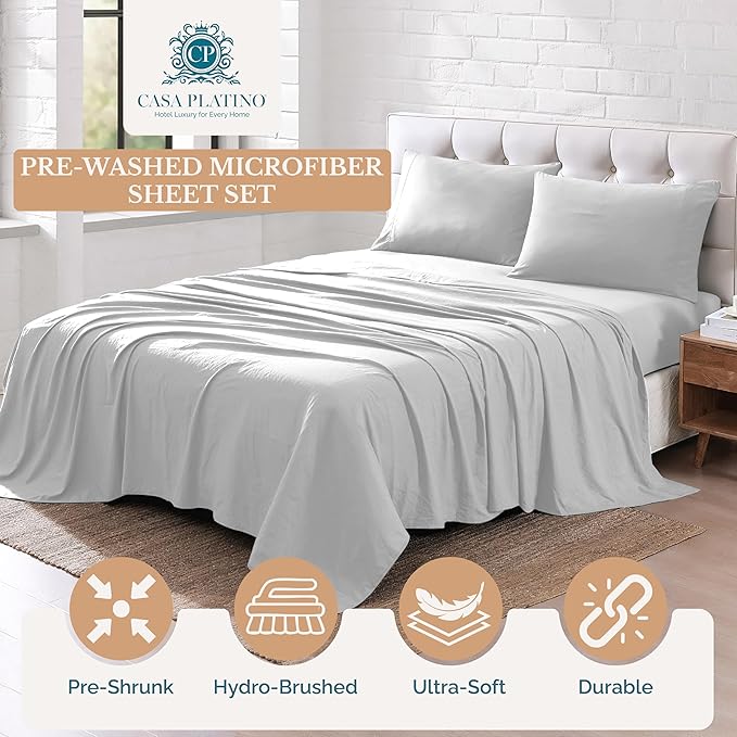 Casa Platino Twin Sheets, 3 Piece Set, Pre-Washed Ultra Soft & Breathable Bed Sheets Set, Brushed Microfiber Sheet, Fade Resistant Bedding with Deep Pockets – Silver