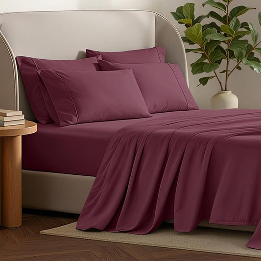 Bare Home Hotel Luxury Queen Sheet Set, Extra Soft - 6 Piece Set - Deep Pockets - Easy Fit - Cooling & Breathable - Wrinkle, Fade, Stain Resistant - Includes 4 Pillowcases (Queen, Burgundy)