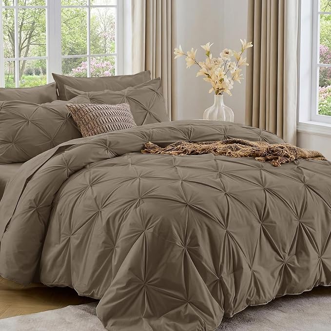 Sasttie King Size Comforter Set, 7-Piece Bed in a Bag, Pintuck Bedding Set for All Season, Includes Comforter, Flat Sheet, Fitted Sheet, Pillowcases and Pillowshams, Brown
