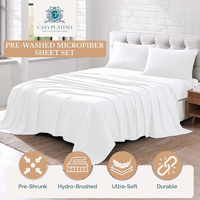 Casa Platino Full Size Sheets, 100% Brushed Microfiber Bedding, 4 Piece Set, Pre-Washed Full, Ultra Soft and Cozy Sheet Set with 15 Inch Deep Pocket – Bed Sheet – White
