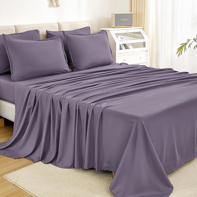 Litanika Queen Comforter Set Grey Purple - 7 Pieces Bed in a Bag Queen Bedding Comforter Sets, Solid Lightweight Bed Set with Comforter, Sheets, Pillowcases & Shams