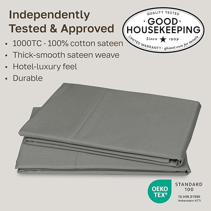 California Design Den Queen/Standard Pillow Cases Set of 2-1000 Thread Count Sateen, Soft and Thick 100% Cotton Pillow Covers Queen Size, Durable - Grey