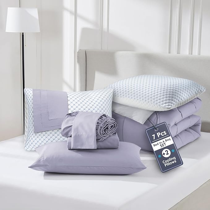 Nestl 7 Piece Twin XL Comforter Set – Grayish Purple Reversible Bed in a Bag – Complete Twin XL Size Bedding Set with Sheets, Set of 2 Cooling Pillows, Pillowcase and Sham