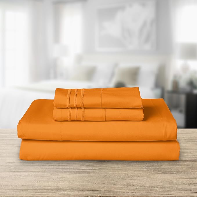 Elegant Comfort Luxurious 1500 Premium Hotel Quality Microfiber Three Line Embroidered Softest 4-Piece Bed Sheet Set, Wrinkle and Fade Resistant, Full, Orange