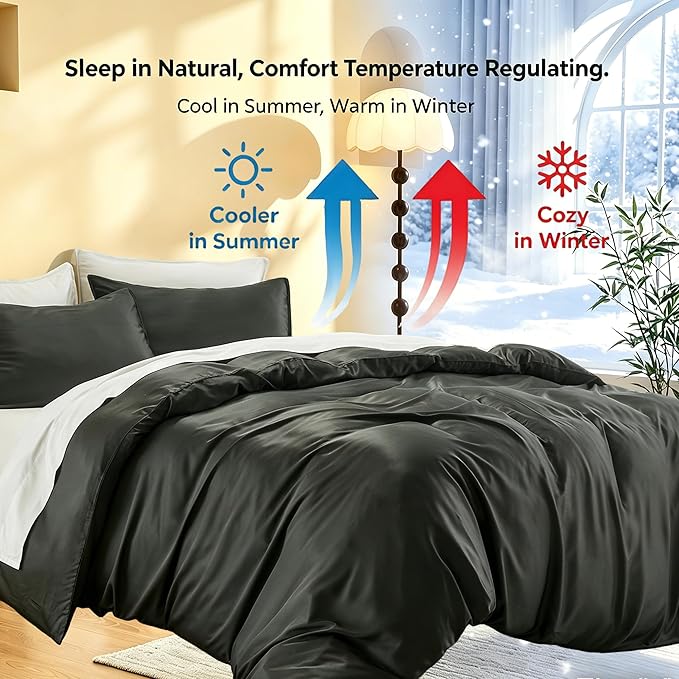 Simple&Opulence Cooling Duvet Cover Set King Size, 3 Pcs 100% Viscose Derived from Bamboo Hotel Luxury Silky Bedding Set, Breathable Soft Comforter Cover for Hot Sleeper with 2 Pillowcases(Dark Grey)