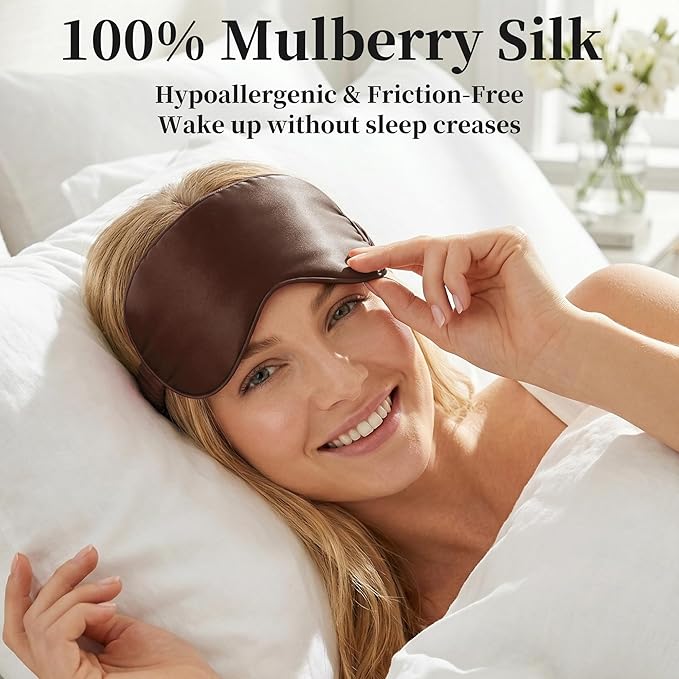 ZLYC 100% Mulberry Silk Sleep Mask Pressure-Free Eye Cover Soft Light Blocking Blindfold for Travel & Nap, Solid Coffee