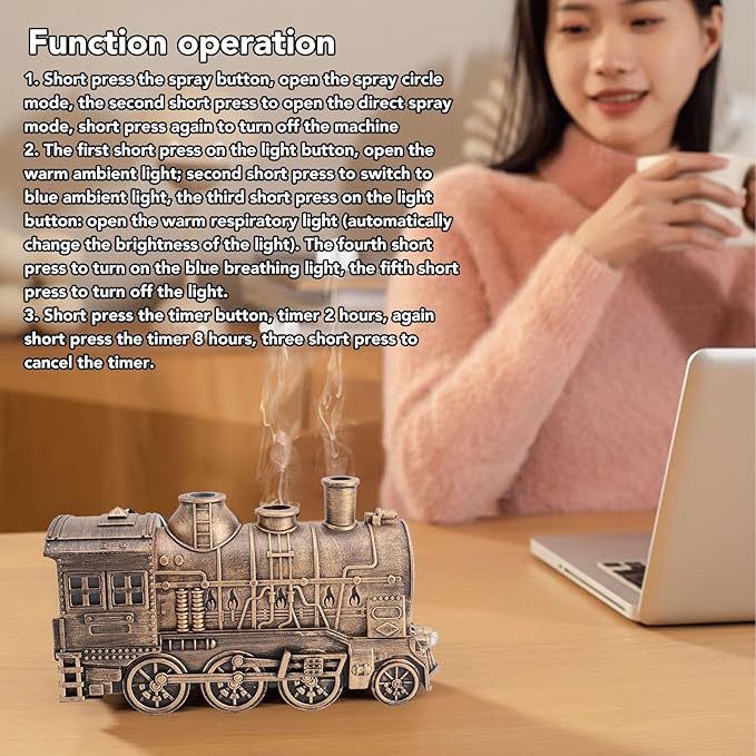 Humidifiers for Bedroom, 300ml Dual Mist Essential Oil Diffuser with Timer Train Shaped Aromatherapy Diffuser for Bedroom, Office and Desktop