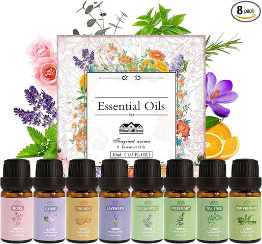 8 Pcs Pure Essential Oils Set for Diffuser, Home Care, Candle, Soap, Clean, Perfume, Laundry - Peppermint, Lavender, Rose, Clove-Organic Aromatherapy for Women and Mom Gift 10ml Each Mother's Day