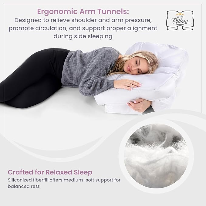 Wife Pillow Side Sleeper Pillow with Arm Hole for Shoulder Pain Relief, Arm Tunnel Design for Proper Neck & Spine Alignment, All-Night Comfort for Adults - Down Alternative Fiber Fill