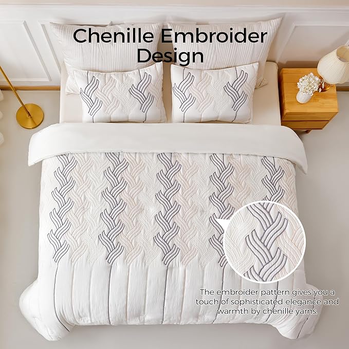 UNIKOME King Size Comforter Set White - Luxury Rope Embroidery Ultra Soft Lightweight Warm Bedding Set for All Seasons, 3 Pieces Down Alternative Bed Set with Comforter, 2 Pillowcases