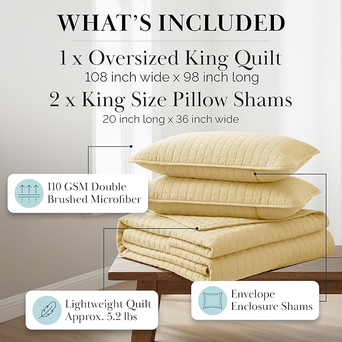 Southshore Fine Living, Inc. King Quilt Bedding Set, Soft, Lightweight Quilt, King Size Coverlet Sets with Shams, Pet Hair Resistant Bedding, Quilted Comforter with 2 Pillow Shams, Gold Quilts