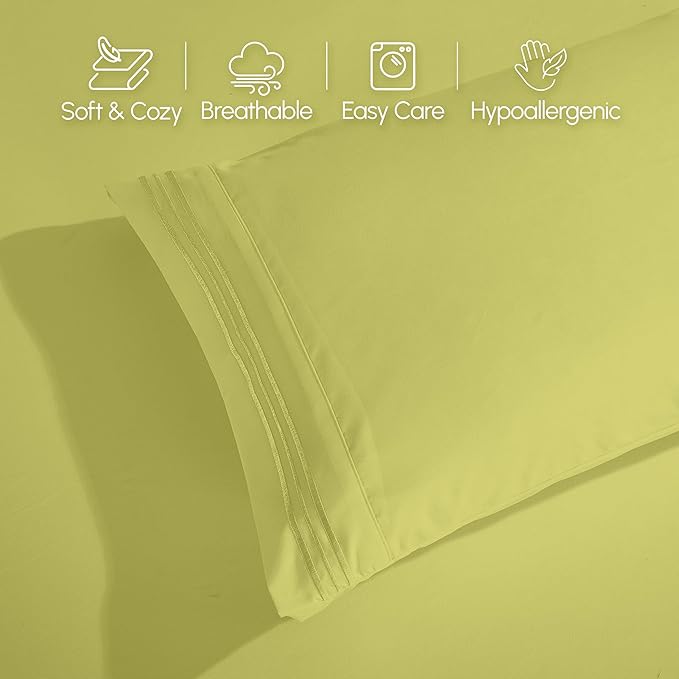 Elegant Comfort Luxurious 1500 Premium Hotel Quality Microfiber Three Line Embroidered Softest 4-Piece Bed Sheet Set, Wrinkle and Fade Resistant, Full, Pistachio Green