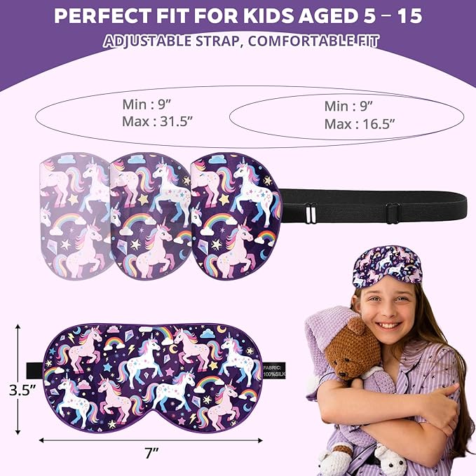 Kids Silk Sleep Mask: 100% Mulberry Silk Eye Mask with Adjustable Strap, Soft Blackout Boys Girls Sleeping Mask, Cute Printed Blindfold for Travel/School/Bed, Gift for Ages 5–15 (Purple Horse Style)
