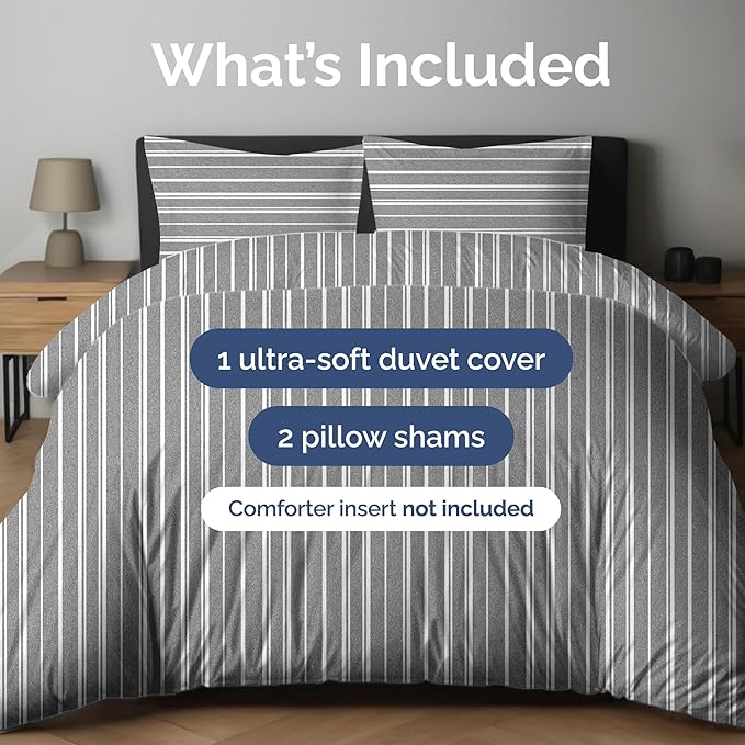 Duvet Cover Queen Size Set - Extra Soft Queen Duvet Cover 90" x 90" with 2 Pillow Shams - Hotel Luxury, Easy Care & Fade Free with Zipper Closures & Ties - Comfy, Cozy and Breathable (Grey Stripes)
