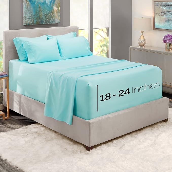 Hearth & Harbor Extra Deep Pocket Sheets - Fits Mattress 18-24 Inches Deep - Extra Deep Pocket Split King Size Sets - 7 Piece Split King Size - Aqua Blue