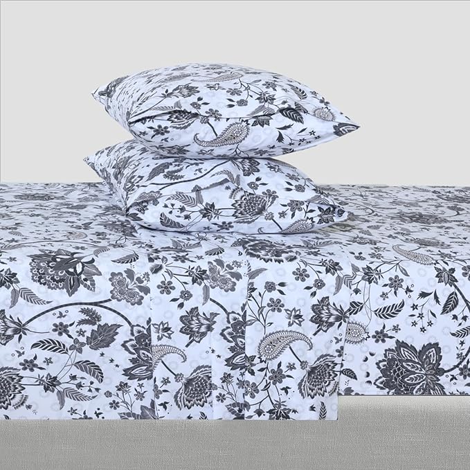 Feather & Stitch Softest 100% Cotton Sheets, 300 Thread Count Percale Weave Bedding, 16" Deep Pocket, Cooling Sheets, Breathable Bed Set, Hotel Premium Quality (Twin, Grey Floral Paisley)