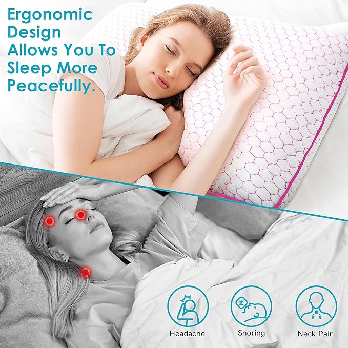 CushyOasis Memory Foam Pillows for Side, Back and Stomach Sleepers, Set of 2, Bed Pillow with Washable Cover and Breathable Mesh, Bed Pillow for Sleeping (Pink，Queen Size)