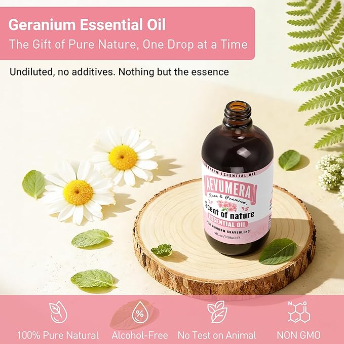 Geranium Essential Oil 4oz Pure and Natural Geranium Oil Essential Oil for Aroma Diffusers, Skin & Body Care, Massage, Bath, DIY Soap & Candle Making, 118ML