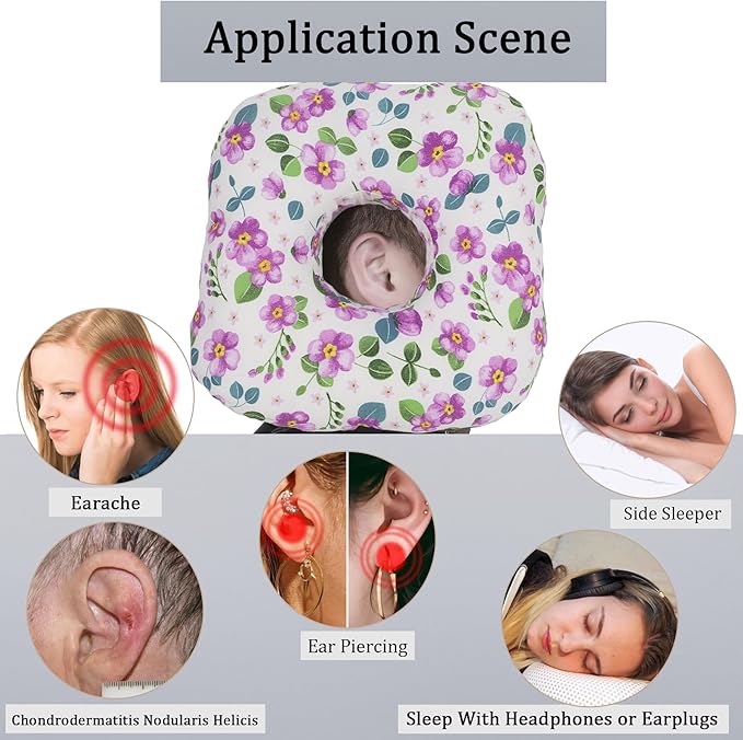 Ear Piercing Pillow for Side Sleepers, Pillow with an Ear Hole for CNH and Ear Pain Ear Inflammation Pressure Sores, O-Shaped Side Sleeping Pillow, Ear Guard Pillow (Purple Flowers)