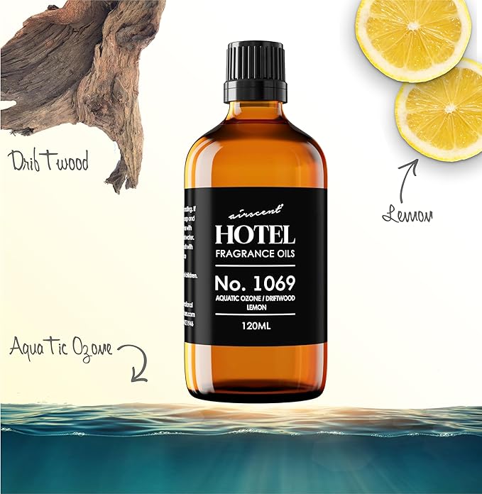 AirScent Hotel Diffuser Oil No. 1069 - Aquatic Ozone, Driftwood, Lemon - Premium Fragrance Oil for Ultrasonic and Waterless Diffusers and Crafting - 30 mL, 1 fl oz Glass Dropper Bottle