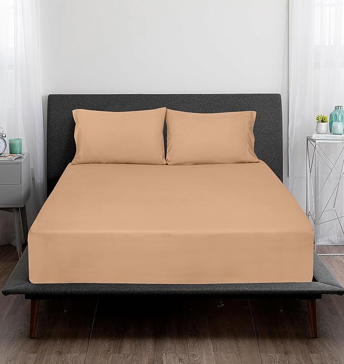 ROYALE LINENS 300 Thread Count 100% Long Staple Combed Cotton Sheet Set - 4 Piece King Bed Sheets - 1 Fitted, 1 Flat & 2 Pillow Cases - Soft Cool & Crisp Sheet Set (King, Sand)
