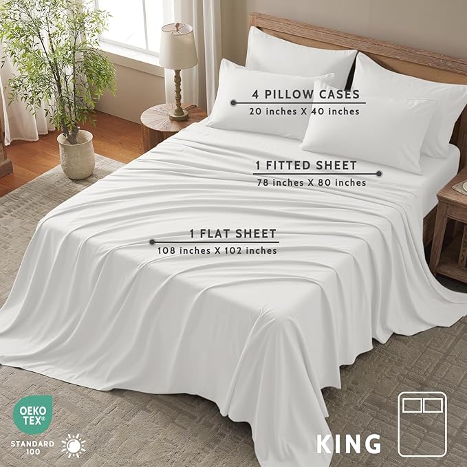 King Size Sheets Set - 6 Piece Luxuriously Soft & Cooling Sheets King Size - Ultra Soft 16" Deep Pocket King Sheet Set - Fitted Sheet & Pillowcase Sets (King White)
