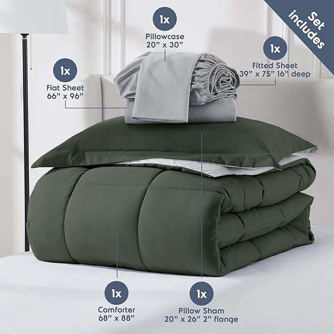 Nestl 7 Piece Twin Comforter Set – Olive Green Reversible Bed in a Bag – Complete Twin Size Bedding Set with Sheets, Set of 2 Cooling Pillows, Pillowcase and Sham