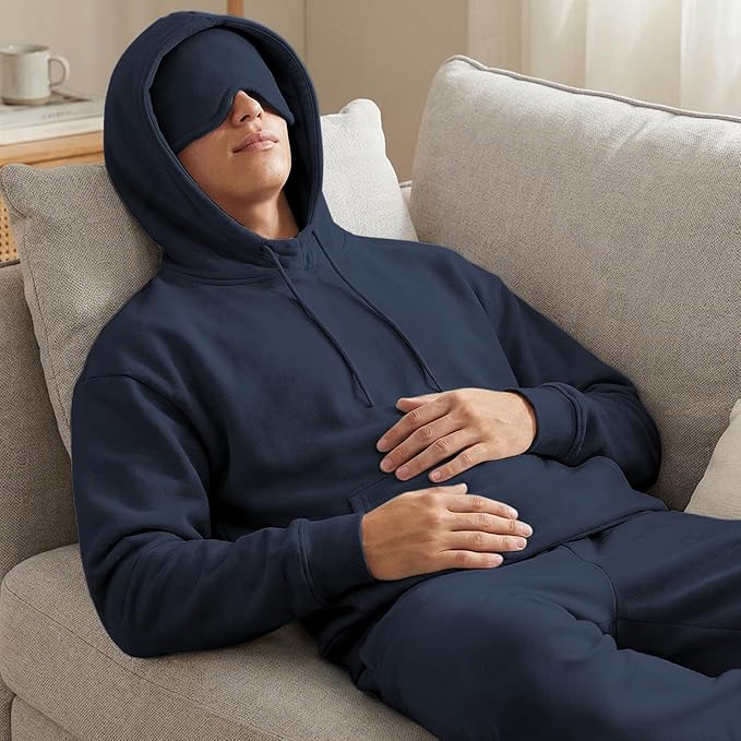 Ainangua Mens Oversized Pullover Essentials Hoodie with Eye Mask Built In Comfor Airplane Mode Travel Sleep Wearable Blanket