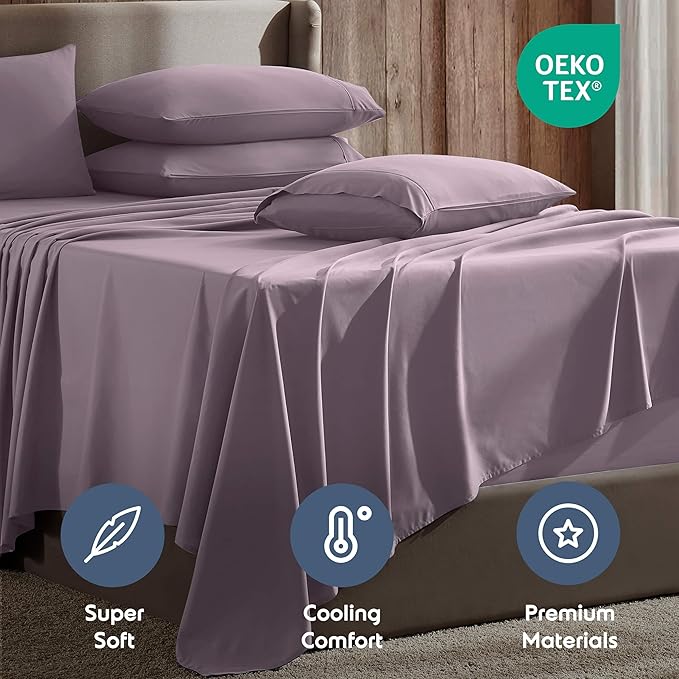 Nestl Extra Deep Cal King Sheet Set - 6 Piece Breathable & Cooling Sheets - Hotel Luxury Bedding Set w/18-24 Inch Deep Pockets - Easy & Secure Fit - Super Soft, Wrinkle Free & Comfy - Dusty Purple