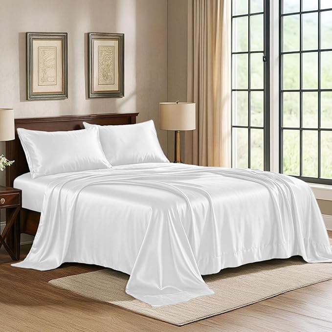 Satin Sheets California King [4-Piece, White] Luxury Silky Bed Sheets - Extra Soft 1800 Microfiber Sheet Set, Wrinkle, Fade, Stain Resistant - Deep Pocket Fitted Sheet, Flat Sheet, Pillow Cases