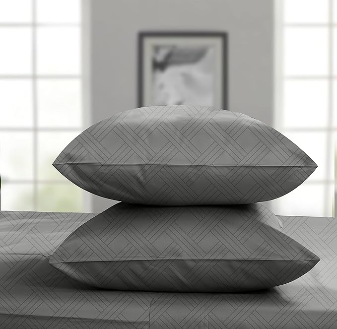 Threadmill Home Linen Luxury King Pillowcases - 800 Thread Count Jacquard Damask, 100% Pure Cotton 2 Pc Striped Pillow Cover Set, ELS, Smooth Finish Celine Dark Grey Pillow Protectors