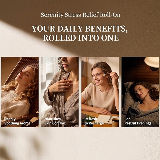 Serenity Calming Roll-On Essential Oil Blend for Stress Relief - with Lavender, Frankincense & Myrrh - 10ml Travel Size, Prediluted & Skin-Safe for Relaxation & Aromatherapy