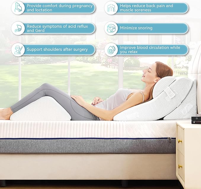 Kingfun 4PCS Orthopedic Bed Wedge Pillow Set for Sleeping, Post Surgery Memory Foam Support Pillows for Back, Neck and Leg Pain Relief, Adjustable Triangle Pillow - Acid Reflux, Anti Snoring & GERD