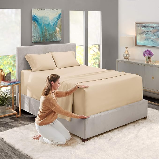 Nestl Twin XL Size Sheet Set, 4 Piece Extra Deep Pocket (18-24 inches), Microfiber, Hotel Luxury, Soft, Breathable, Wrinkle-Free, Easy to Care, Beige Cream