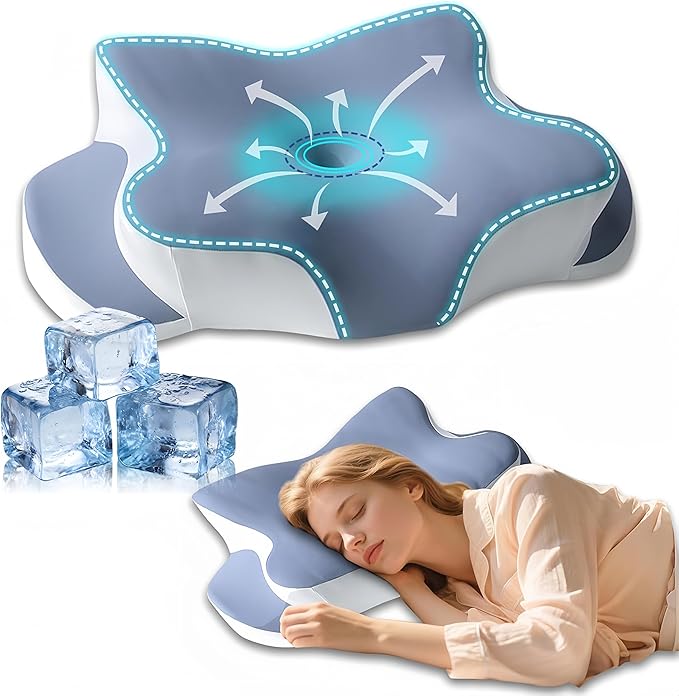 Memory Foam Cervical Pillow - Cooling Side Sleeper Pillow for Sleeping, Ergonomic Memory Foam Pillows for Neck Support, Contour Orthopedic Bed Pillow for Back Stomach Sleepers (Blue)