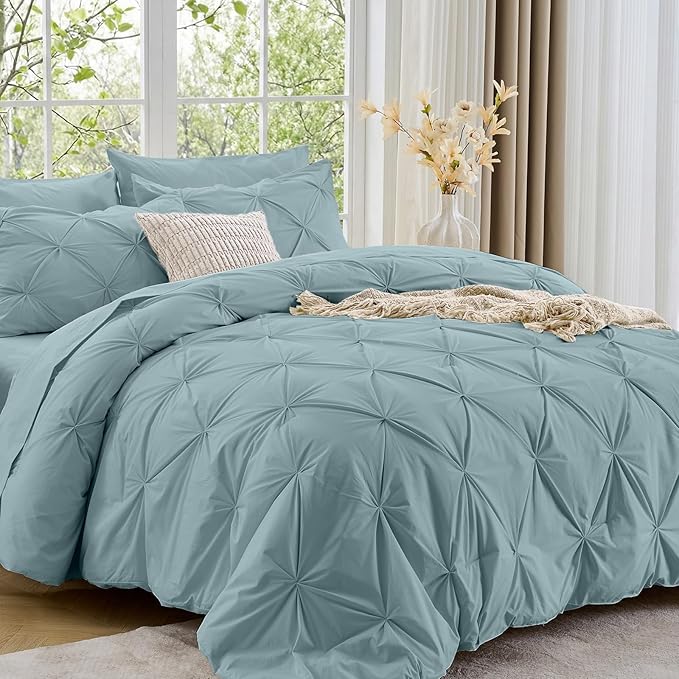 Sasttie Queen Comforter Set, 7-Piece Bed in a Bag, Pintuck Bedding Sets for All Season, Includes Comforter, Flat Sheet, Fitted Sheet, Pillowcases and Pillowshams, Greylish Blue